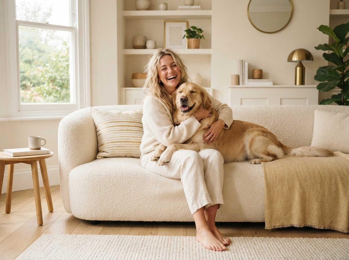 A person cuddling a happy dog at home