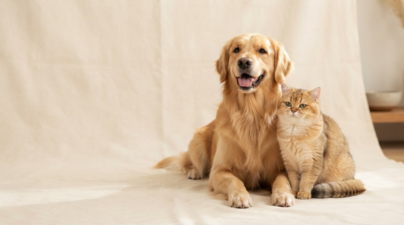 A happy golden retriever and cat sitting together